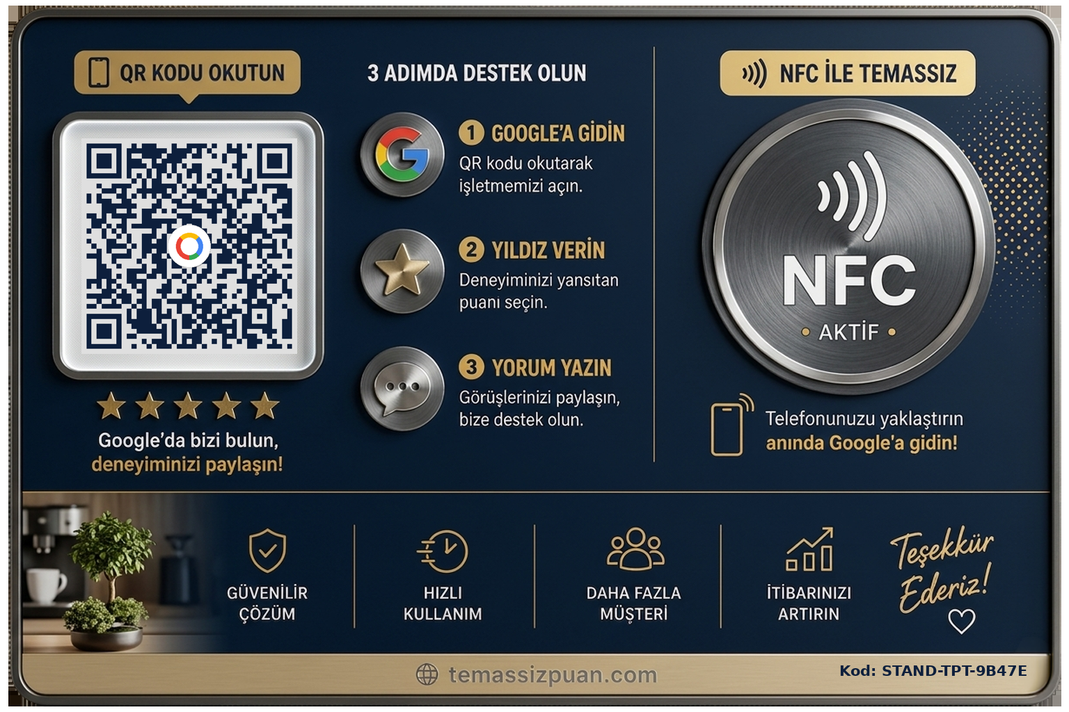 Temassız Puan stand — QR kod ve NFC ile Google yorum